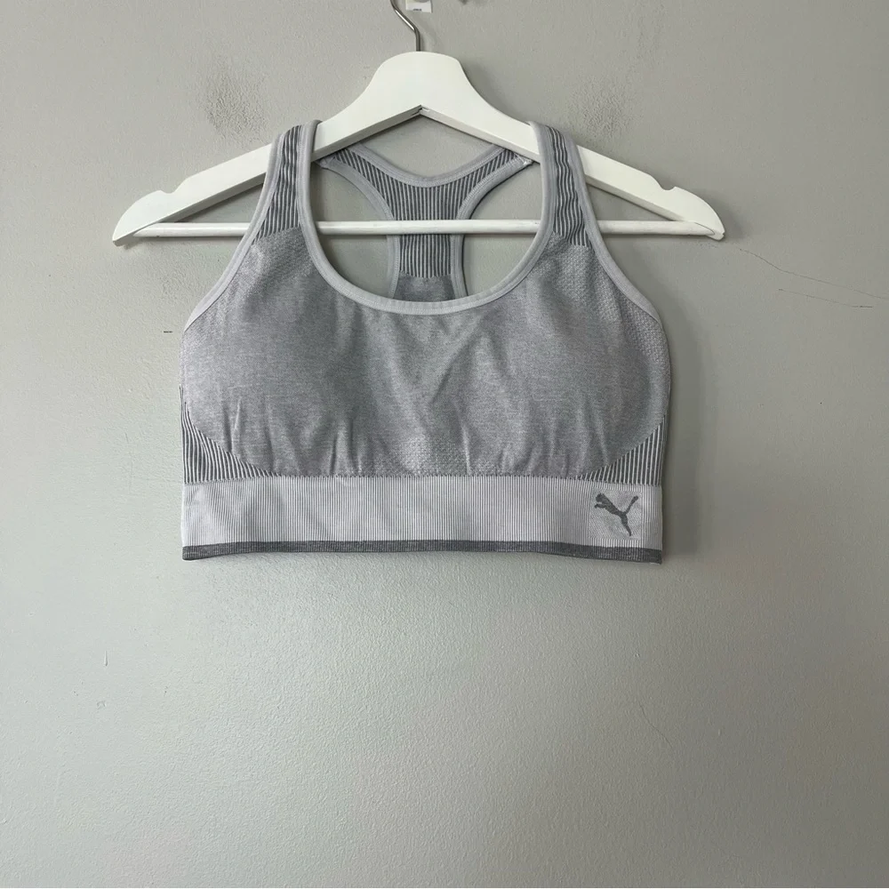 Puma Racerback Removable Cups Sports Bra Gray and White Large‎